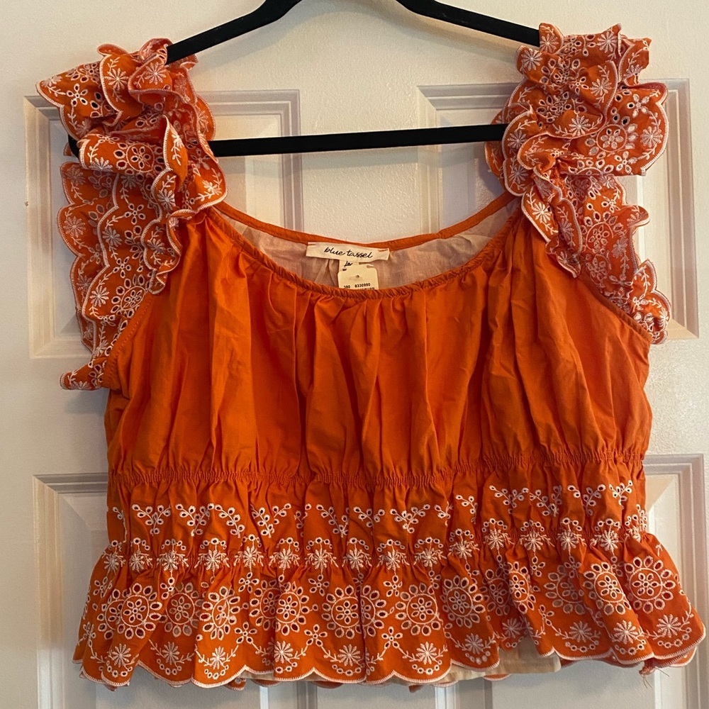 Orange Embroidered Ruffled Crop Top